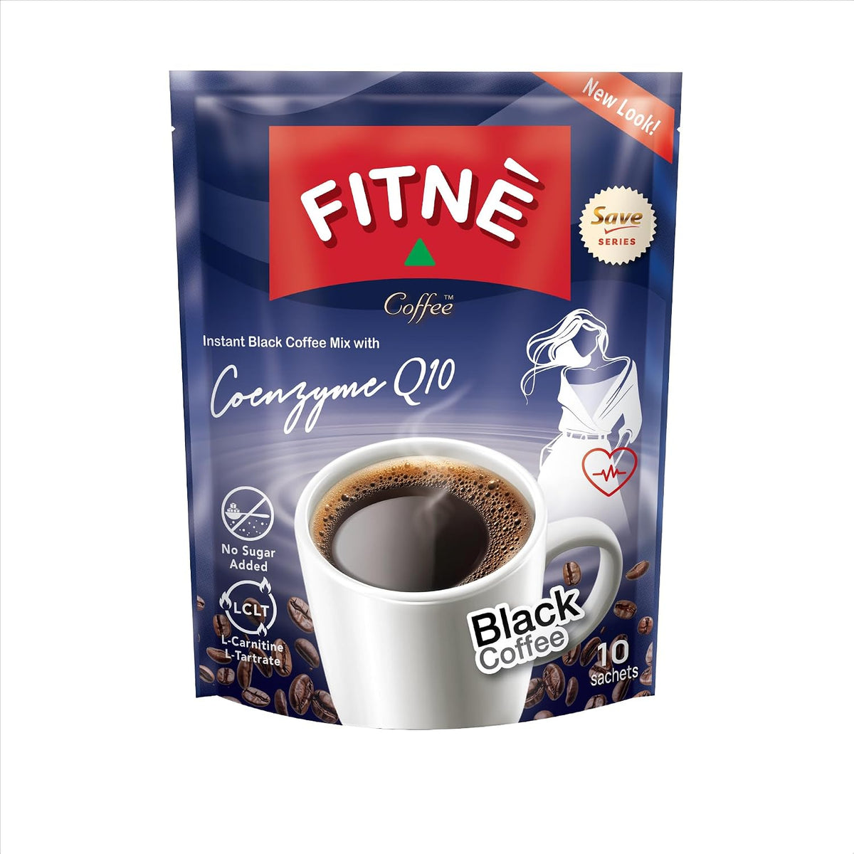 FITNE Instant Black Coffee With Coenzyme Q10 L Carnitine High Antioxidant Low Calories, No Sugar Sucralose Sweetener, 10 Sachets