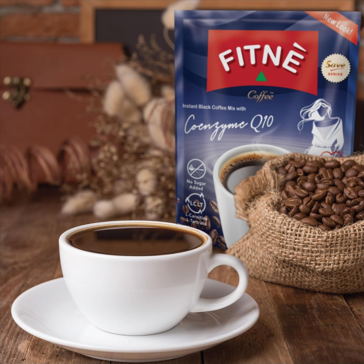 FITNE Instant Black Coffee With Coenzyme Q10 L Carnitine High Antioxidant Low Calories, No Sugar Sucralose Sweetener, 10 Sachets