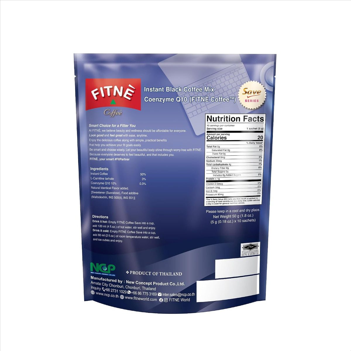 FITNE Instant Black Coffee With Coenzyme Q10 L Carnitine High Antioxidant Low Calories, No Sugar Sucralose Sweetener, 10 Sachets