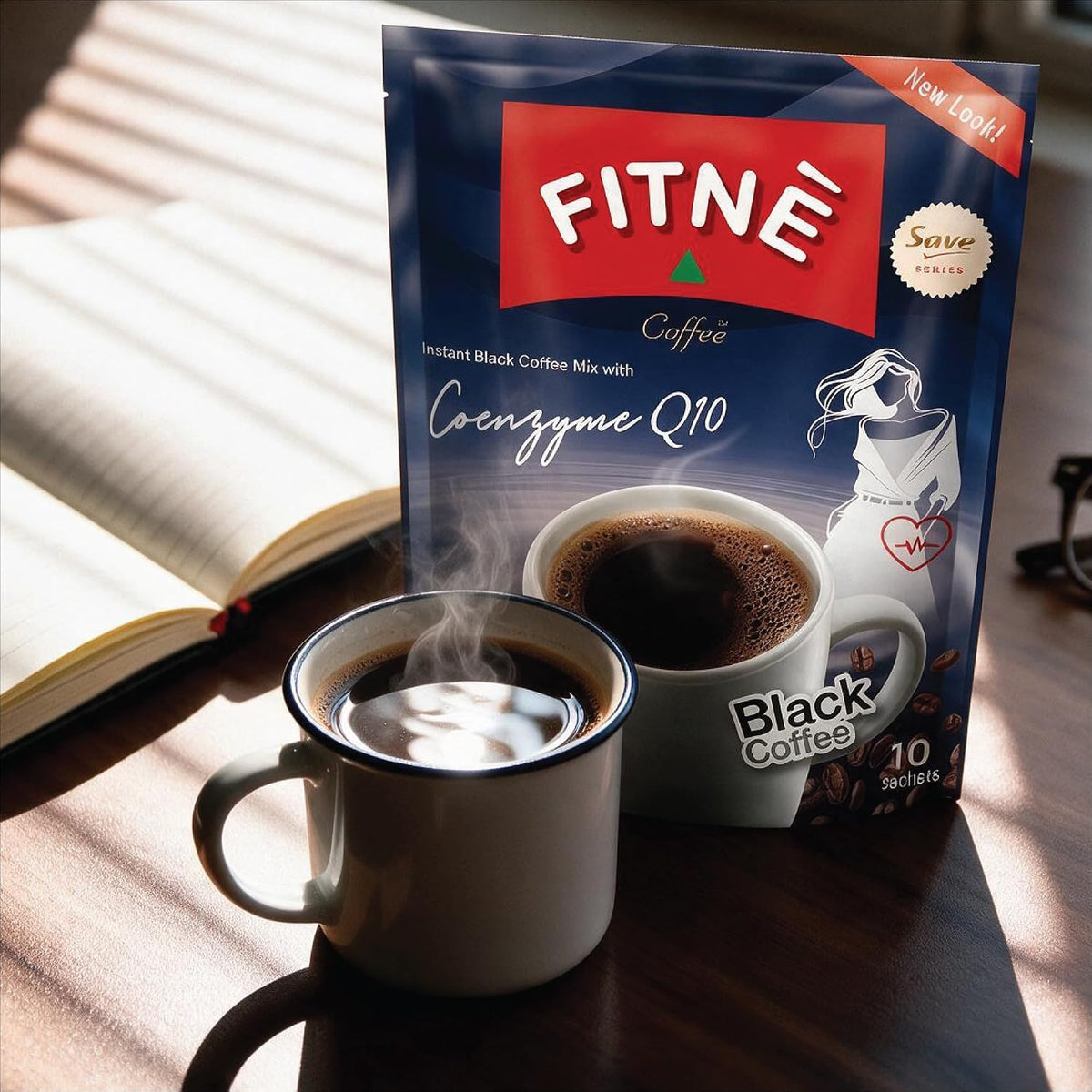 FITNE Instant Black Coffee With Coenzyme Q10 L Carnitine High Antioxidant Low Calories, No Sugar Sucralose Sweetener, 10 Sachets