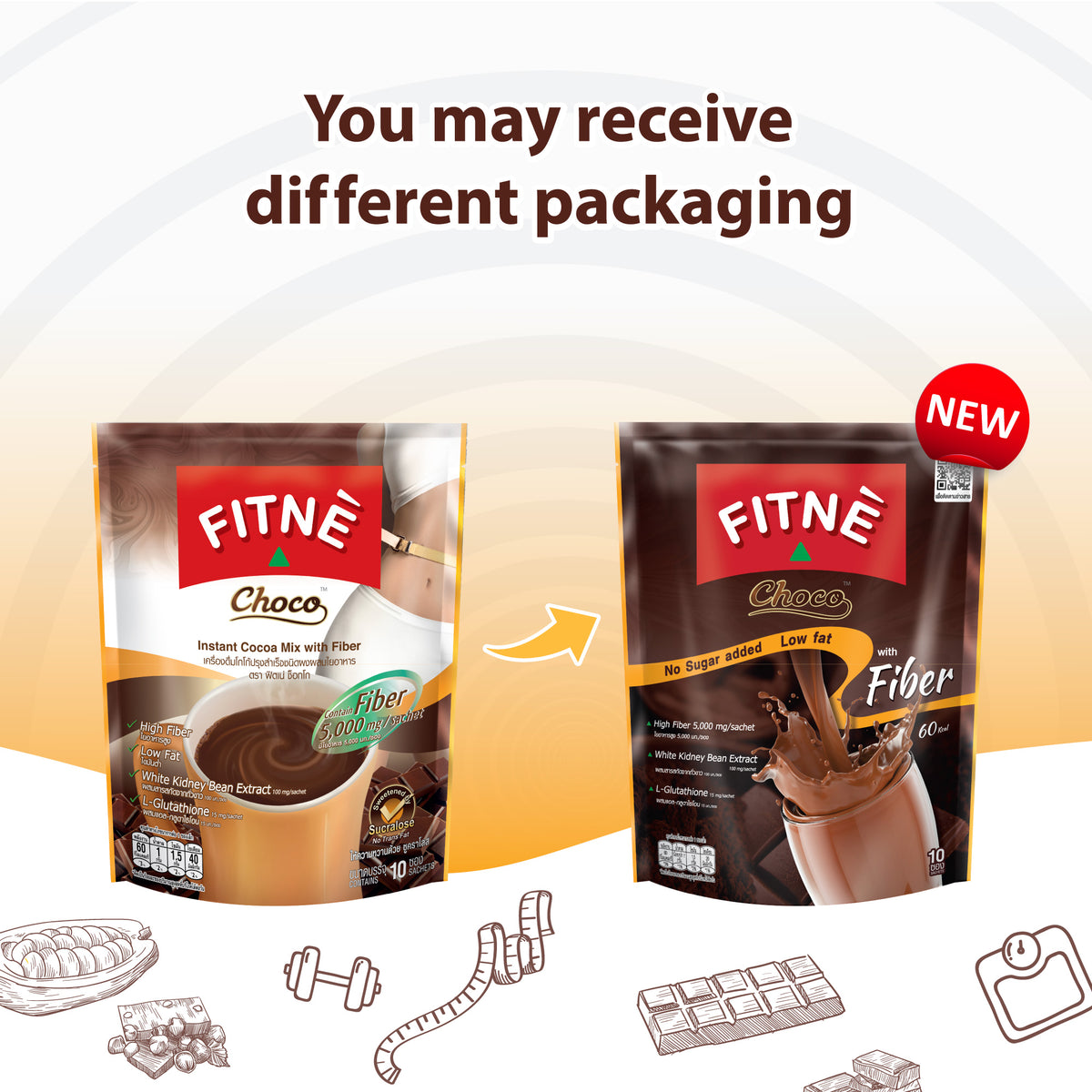 FITNE Instant Choco Mix With Fiber Filling White Kidney Bean Extract Smooth Taste, No Sugar Sucralose Sweetener, 10 Sachets