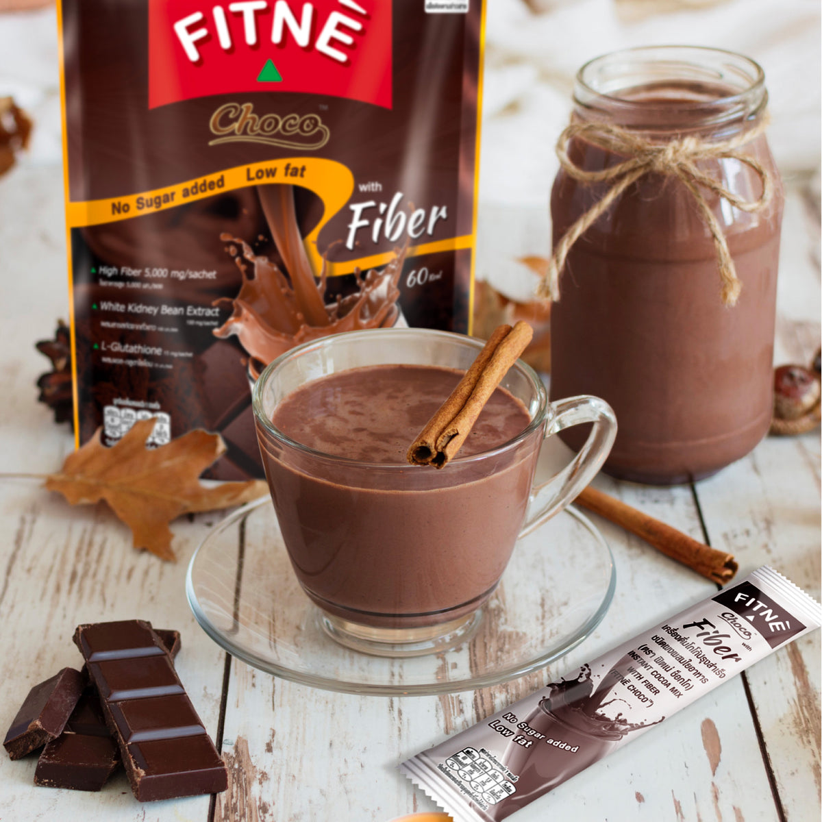 FITNE Instant Choco Mix With Fiber Filling White Kidney Bean Extract Smooth Taste, No Sugar Sucralose Sweetener, 10 Sachets