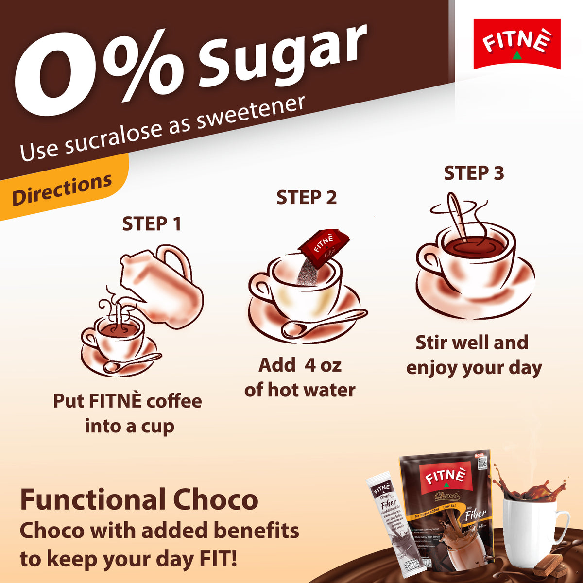 FITNE Instant Choco Mix With Fiber Filling White Kidney Bean Extract Smooth Taste, No Sugar Sucralose Sweetener, 10 Sachets