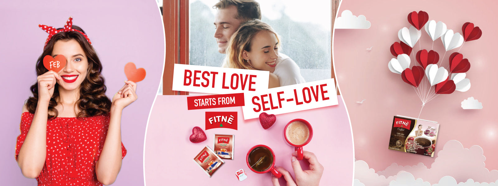 Banner that says best love starts from self love with couple, take care of yourself with FITNE coffee and tea