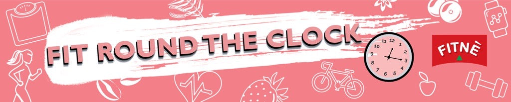 FITNÈ banner that says fit round the clock, promoting customers to stay fit 24 hours