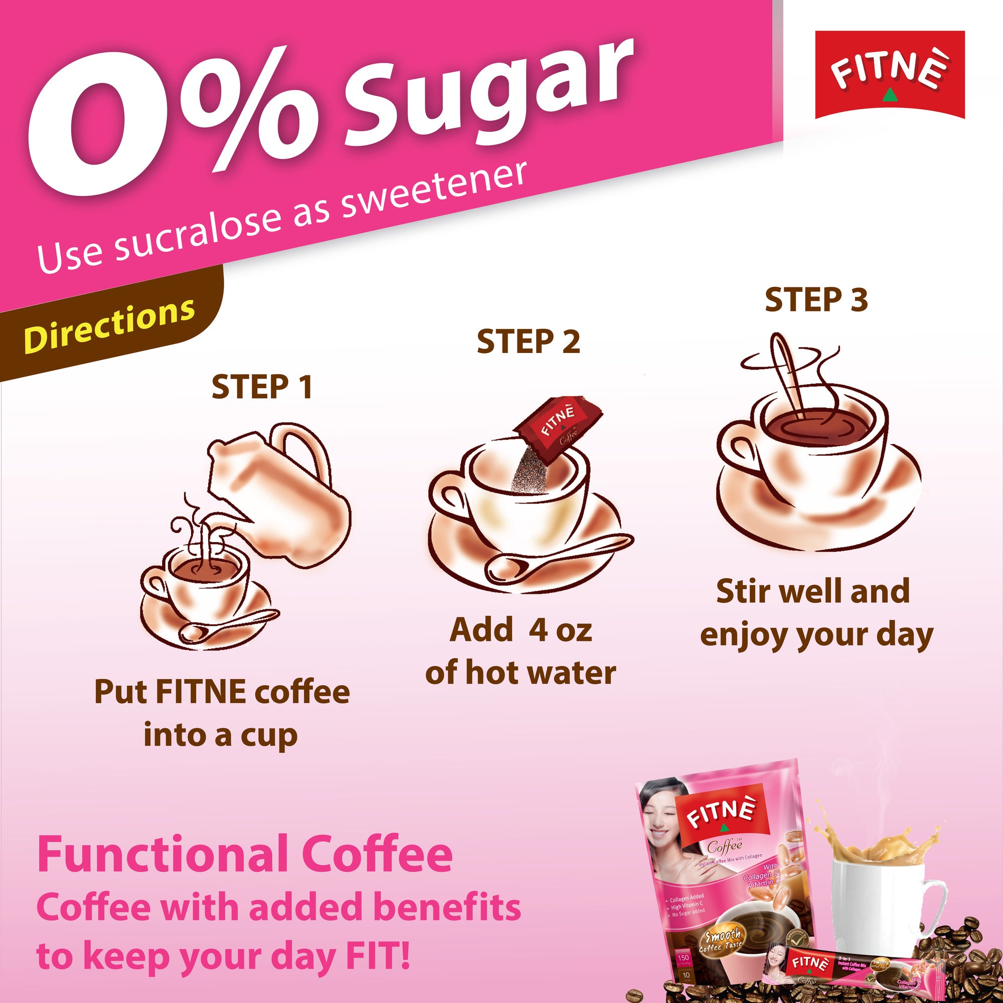 FITNE Instant 3 In 1 Coffee Packets Mix With Natural Hydrolyzed Collagen  Vitamin C Smooth Blend Tasty Aromatic No Sugar Sucralose Sweetener, 10  Sticks